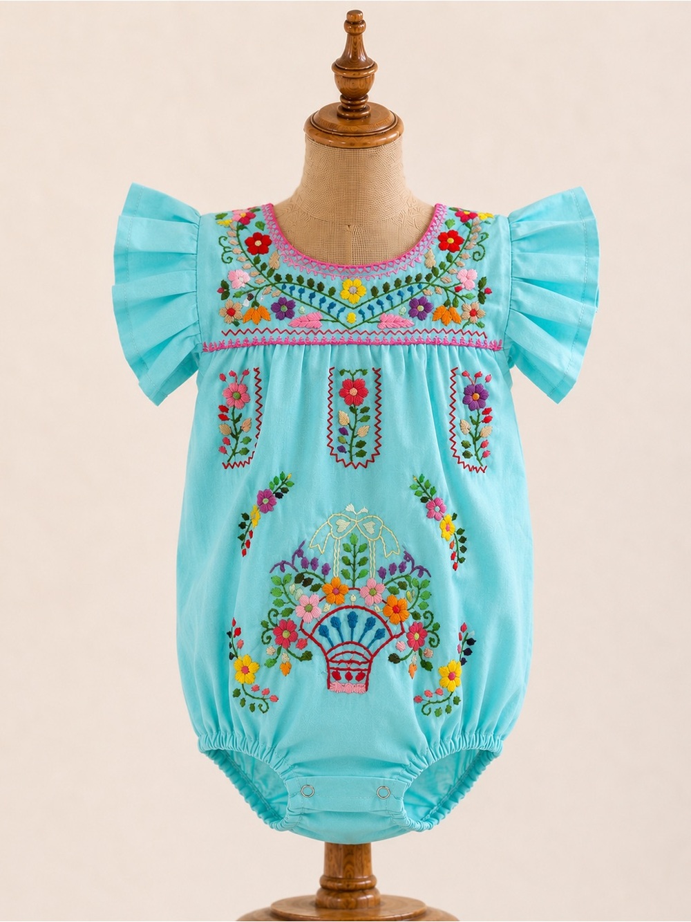Mint Floral Hand Embroidered Baby Romper